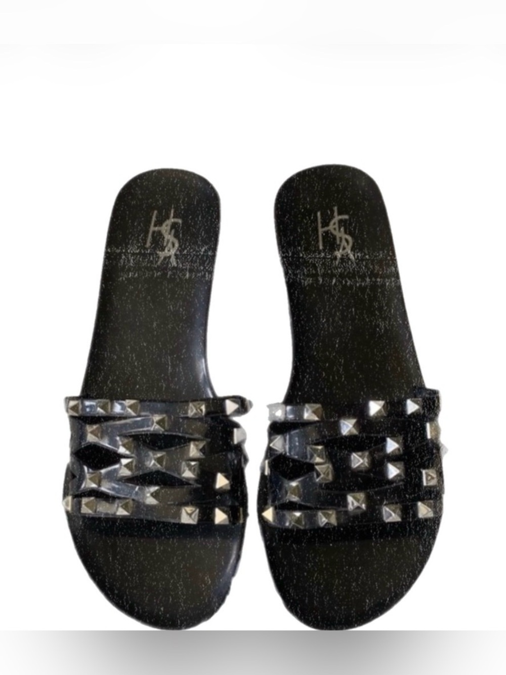 YSH black clear spiked black plastic sole  summer casual slides sandals, Sz 8